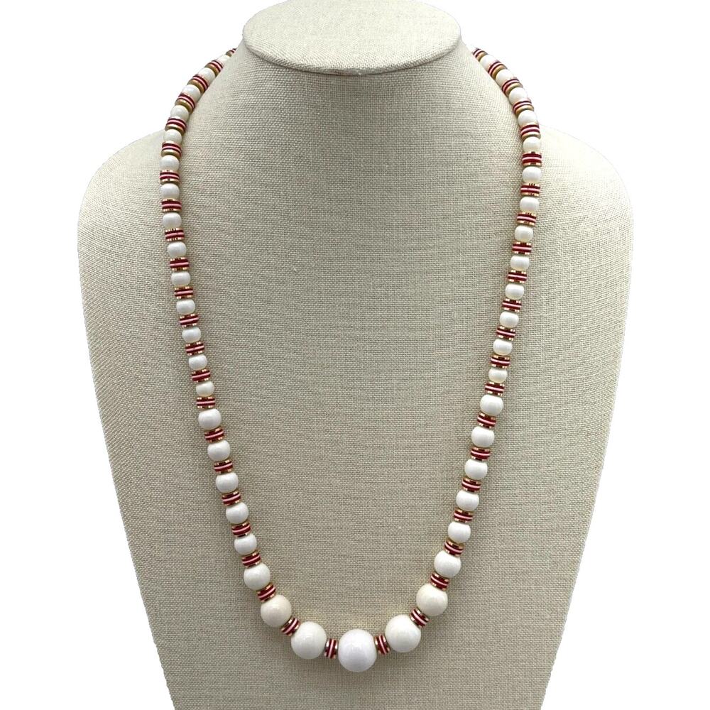 Women's Single Strand Faux Pearl & Red Disc Necklace Gift Costume Jewelry
